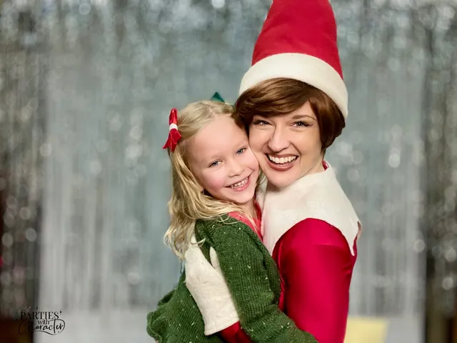 Elf on the Shelf hugging a young girl in a green dress with a bow