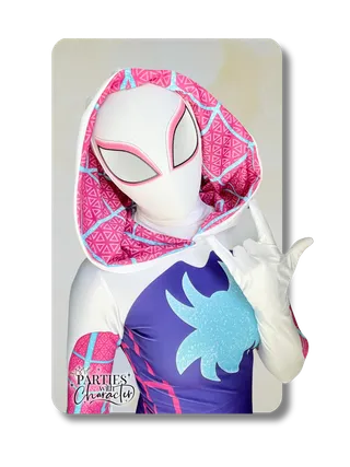 Ghost Spider superhero character in white and black spider costume